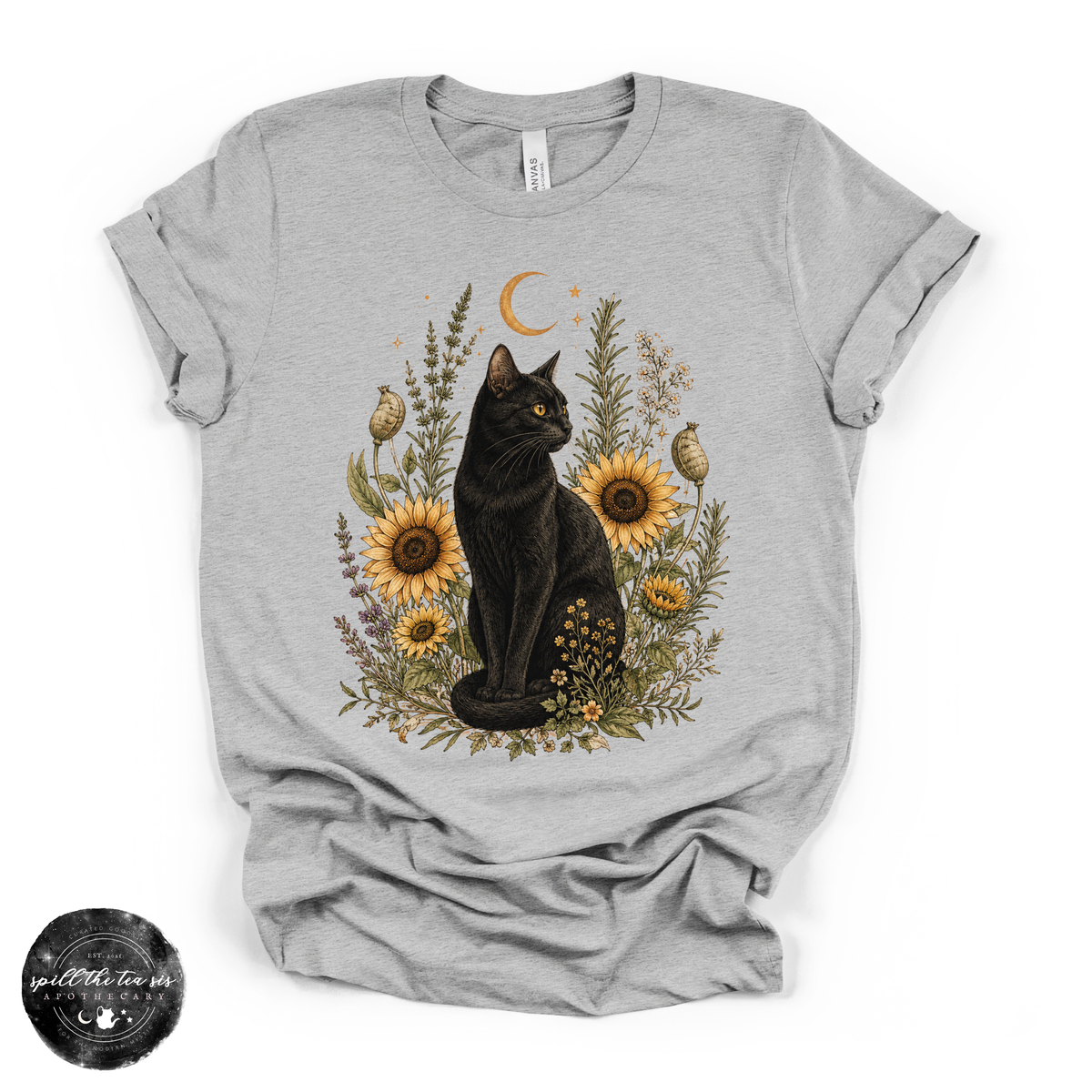 Sunflower Cat Tee | Floral Black Cat Graphic T-Shirt