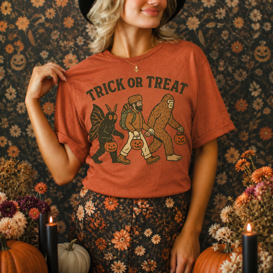 Cryptid Trick or Treat Tee | Funny Bigfoot Graphic T-Shirt