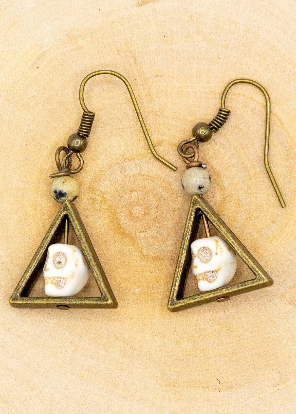 Hand Carved Skull Patinated Brass Earrings